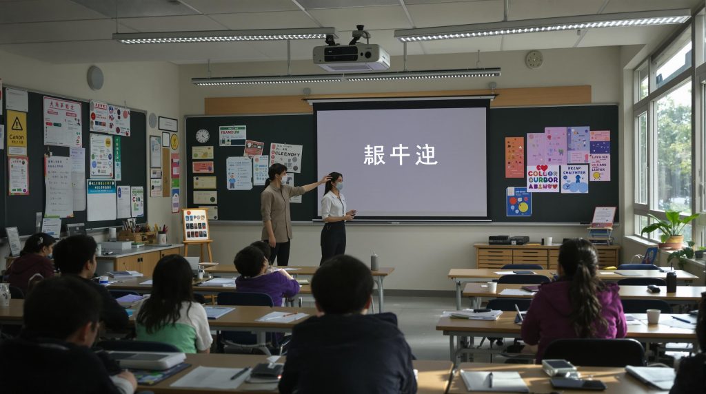 Malaysian classroom with projector, students, and clear projected content