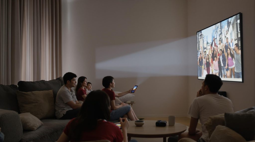 Family mirroring phone to projector in living room with 'Easy Projection' banner