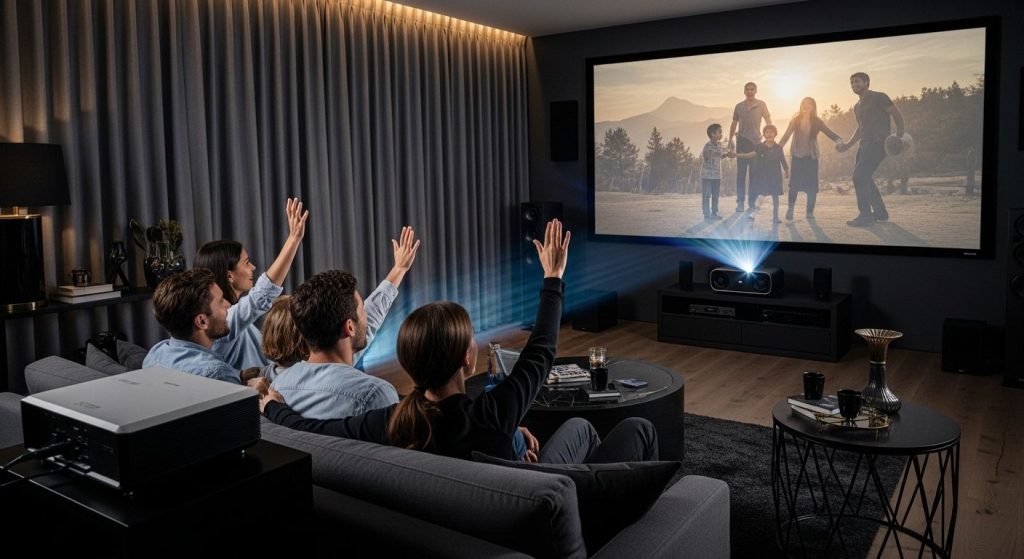 home theater projector, family viewing, cinematic living room