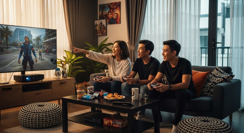 gaming projector, Malaysian living room, group playing