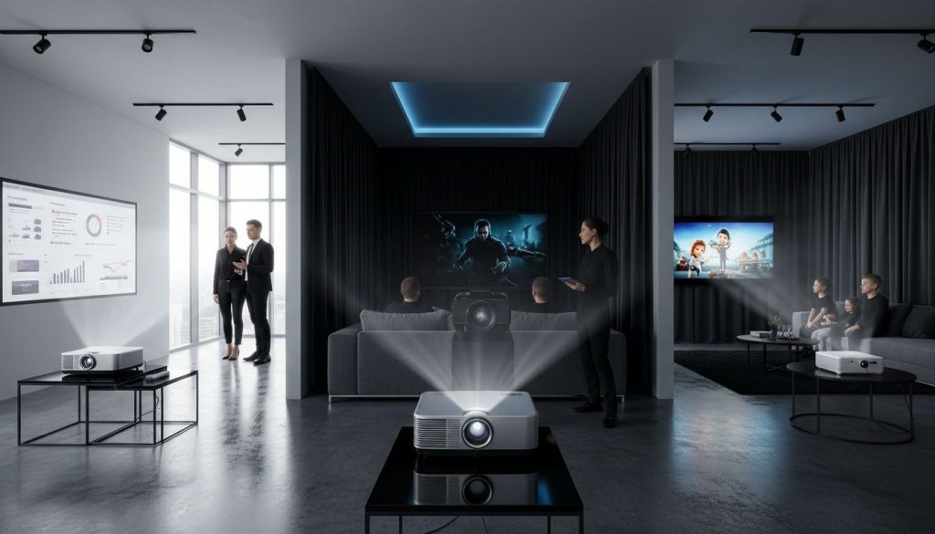 Person choosing projector brightness in showroom