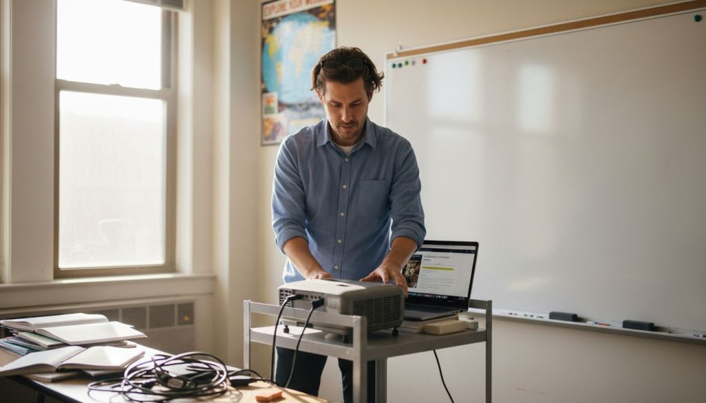 Teacher setting up classroom projector scene