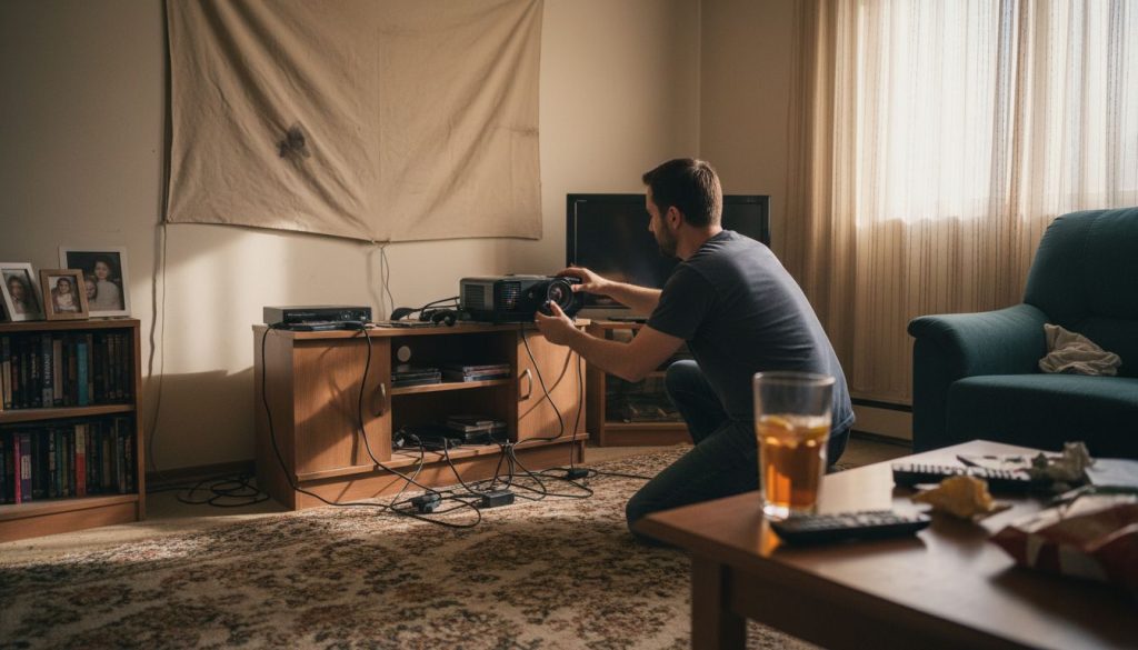 Man setting up projector in lived-in room