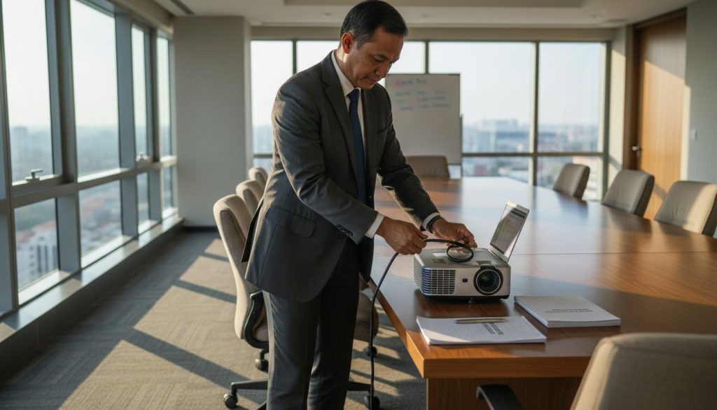 Seorang usahawan sedang memasang projektor laser di pejabatnya.