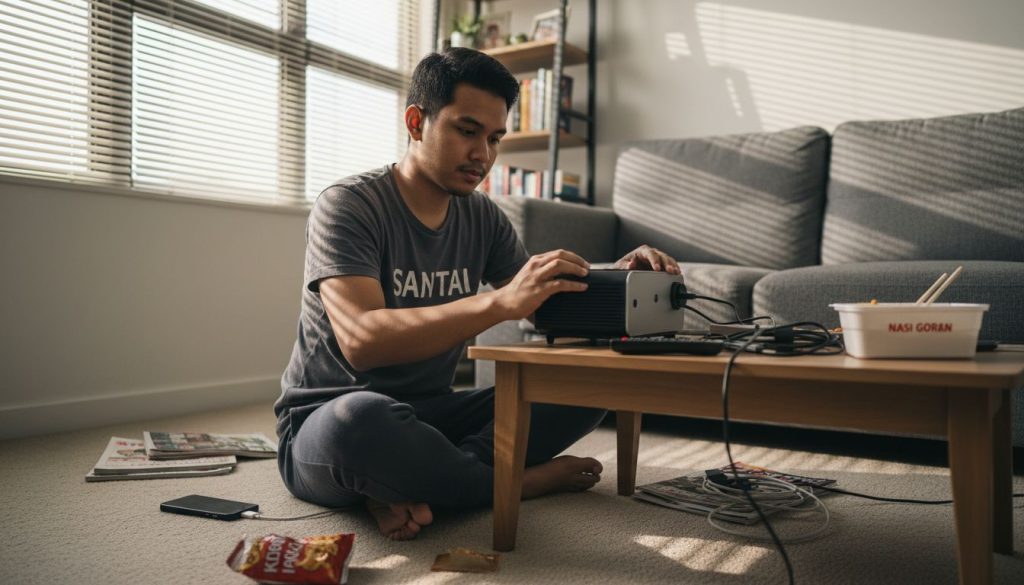 Seorang lelaki pasang projektor bajet di apartmennya