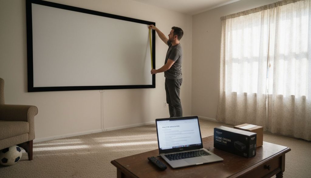 Man measuring projector screen in home living room