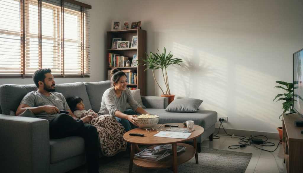 Sekeluarga duduk santai bersama menonton filem kegemaran mereka menggunakan projektor di rumah.