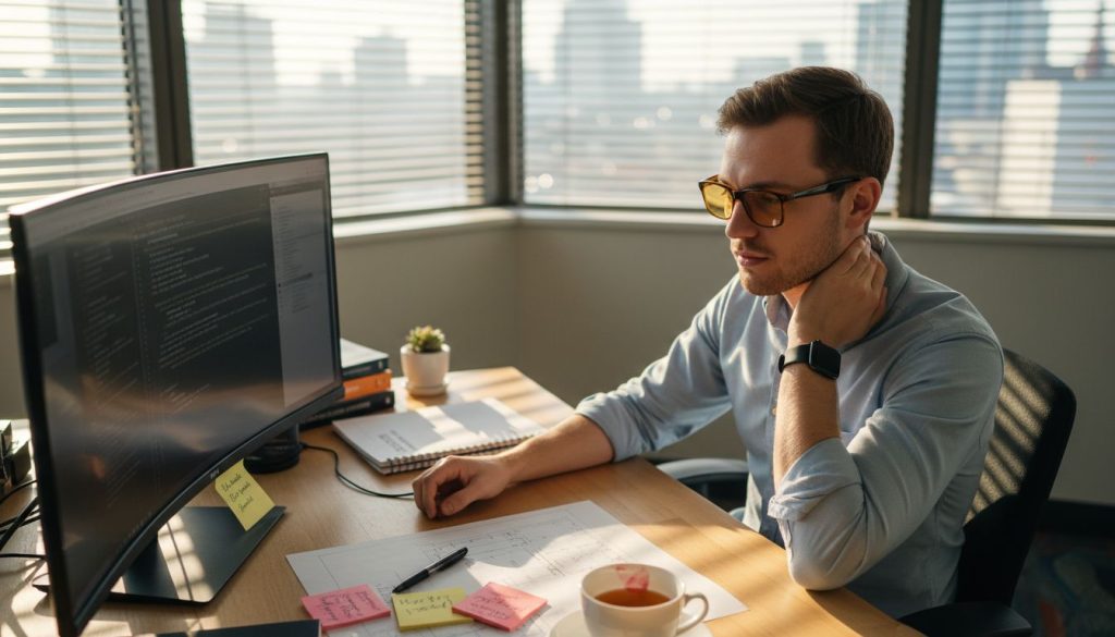 Man adjusting screen in sunlit office