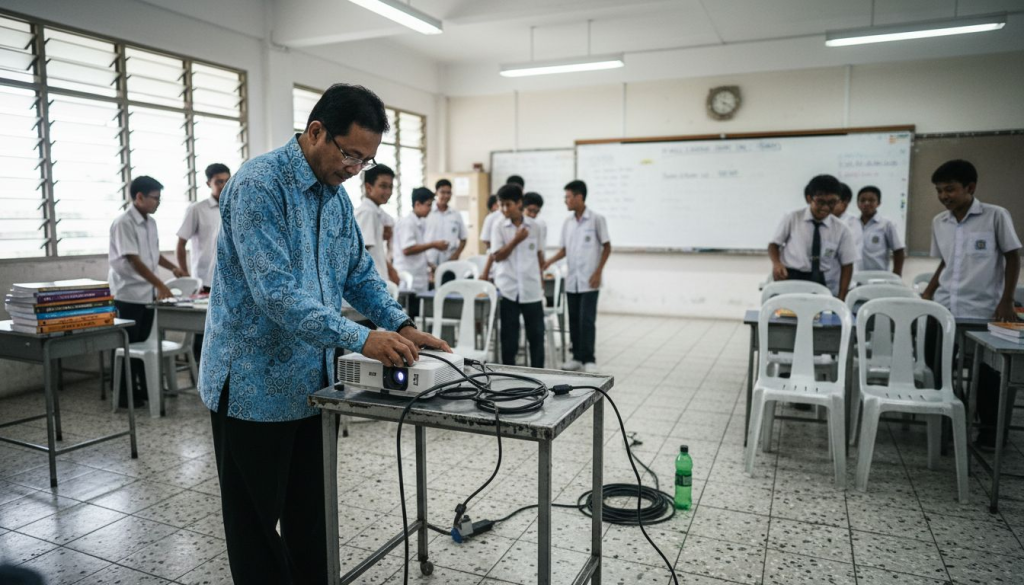 Cikgu sedang menyiapkan projektor di dalam kelas di Malaysia.
