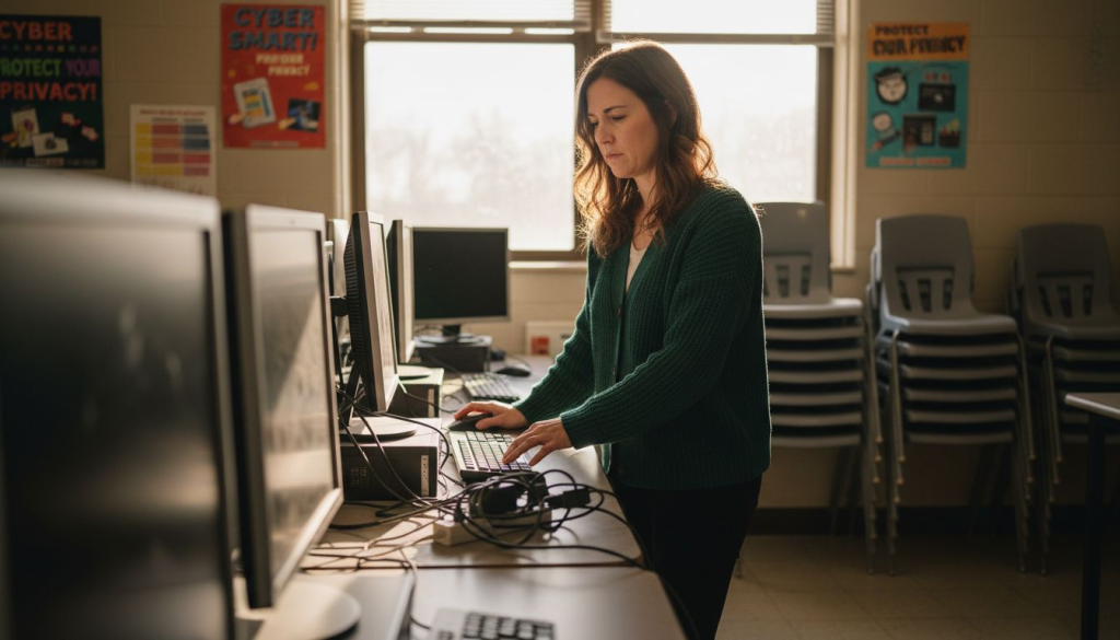 Teacher securing classroom computers