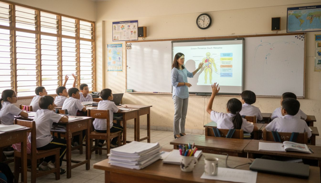 Cikgu sedang mengajar di dalam kelas sambil menggunakan projektor untuk memaparkan bahan pembelajaran kepada para pelajar.