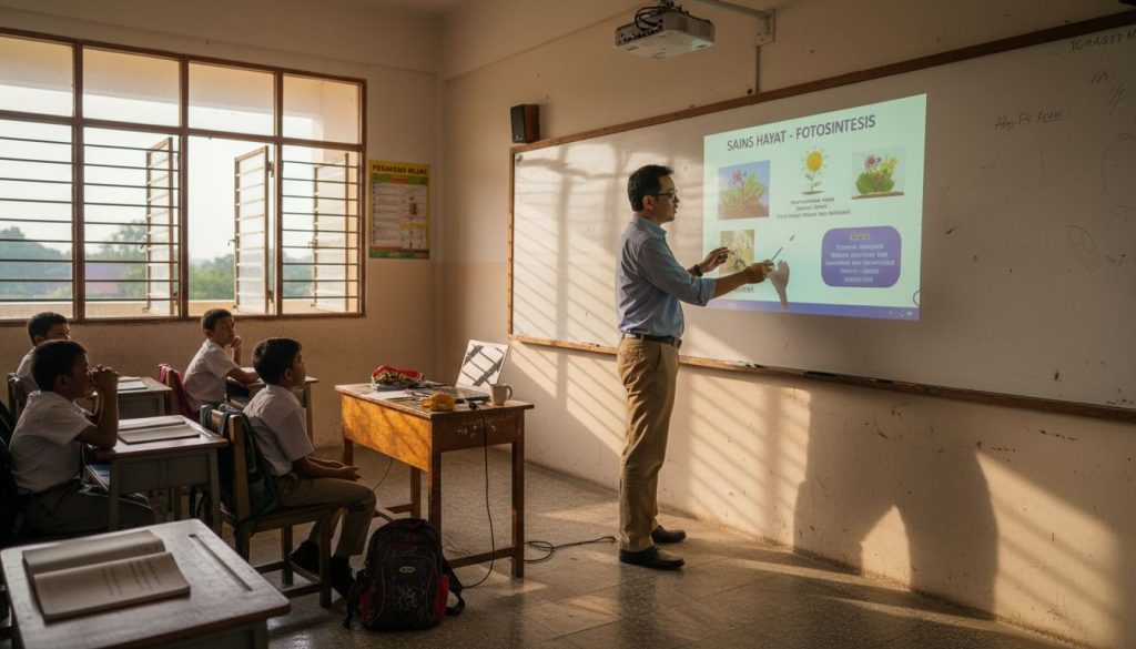 Cikgu sedang menggunakan projektor semasa mengajar di dalam kelas.