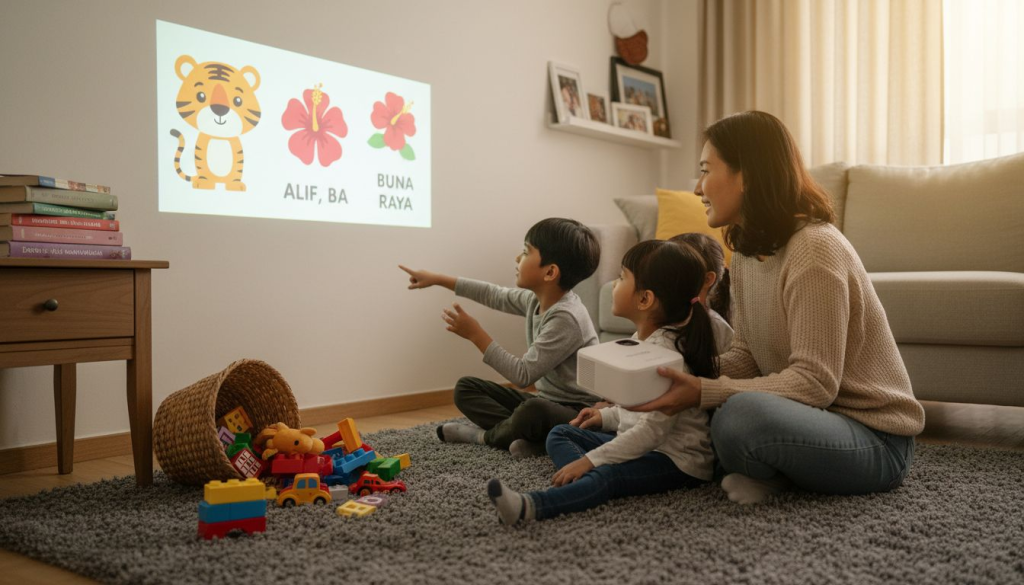 Belajar bersama seisi keluarga sambil menonton pembelajaran menggunakan projektor di ruang tamu memang menyeronokkan.