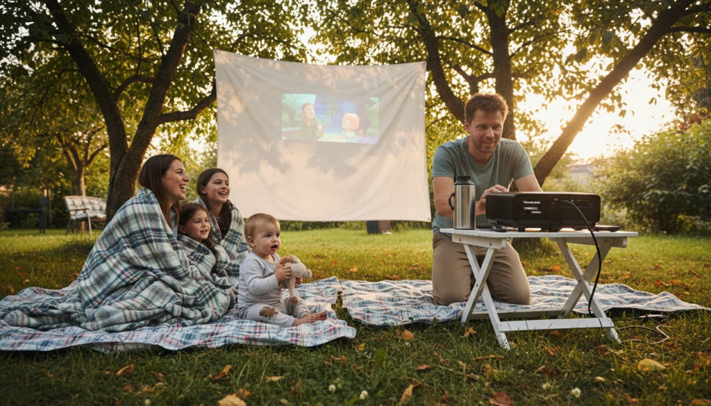 Satu keluarga sedang menikmati malam bersama dengan menonton tayangan menggunakan projektor di halaman rumah, sambil bersantai di bawah langit terbuka.