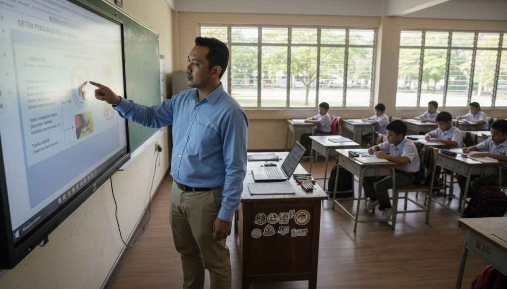 Cikgu kini memanfaatkan papan pintar semasa mengajar di dalam kelas.