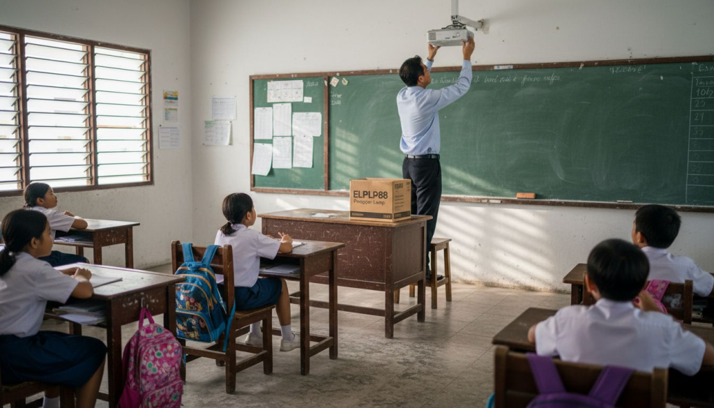 Teacher installing Epson lamp in lively classroom