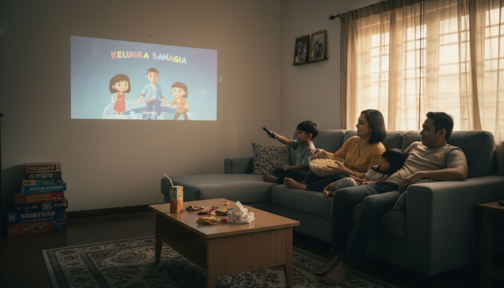Sekeluarga bersantai bersama sambil menonton filem kegemaran mereka menggunakan projektor di ruang tamu.