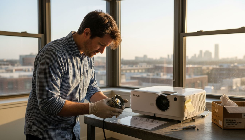Technician inspecting ELPLP71 lamp at worktable