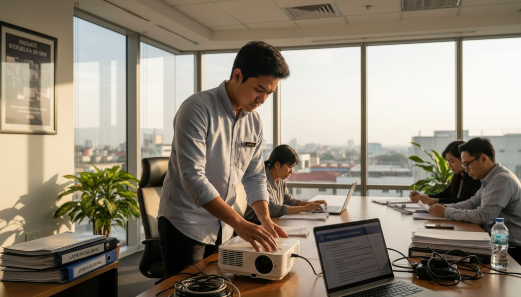Pengurus sedang menyiapkan projektor di pejabat Malaysia untuk kegunaan mesyuarat.