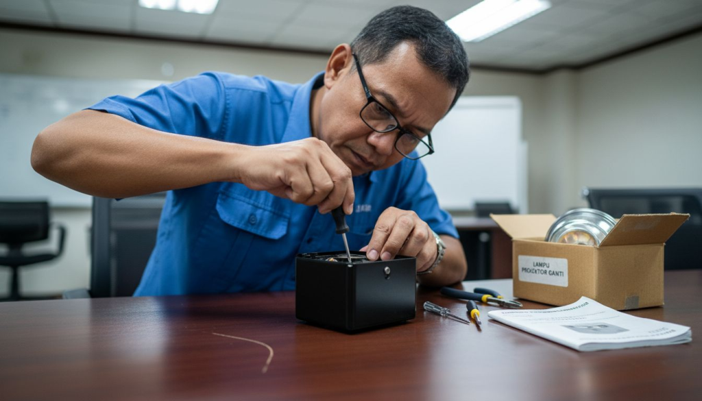 Seorang juruteknik sedang menukar lampu projektor di atas meja mesyuarat.