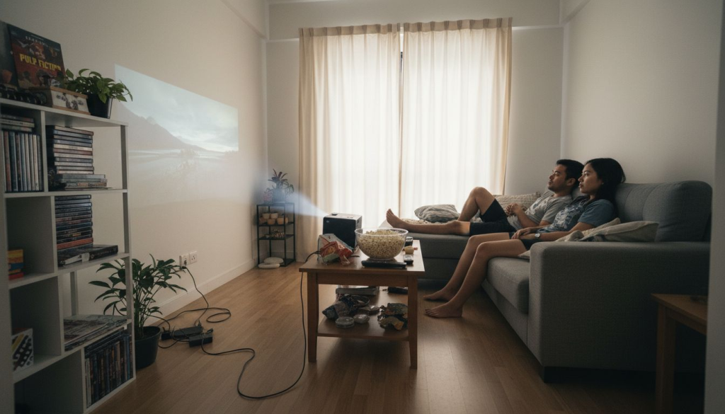 Couple watching projector in cozy apartment