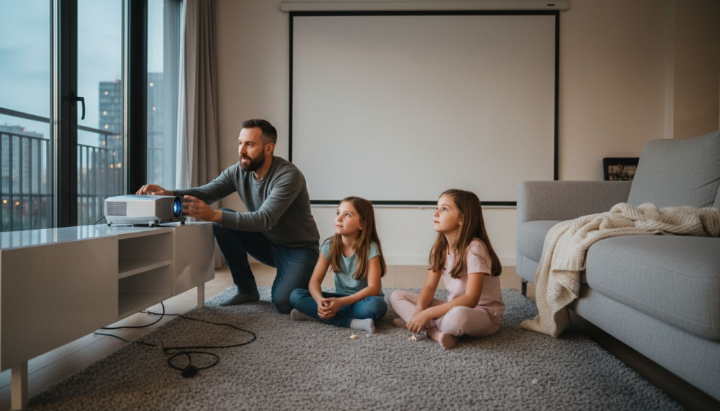 Sekeluarga sedang memasang projektor di ruang tamu untuk menikmati hiburan bersama di rumah.