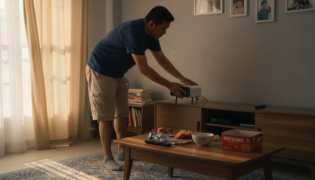 Seorang lelaki sedang membetulkan projektor di ruang tamu rumahnya yang penuh dengan suasana kehidupan harian.