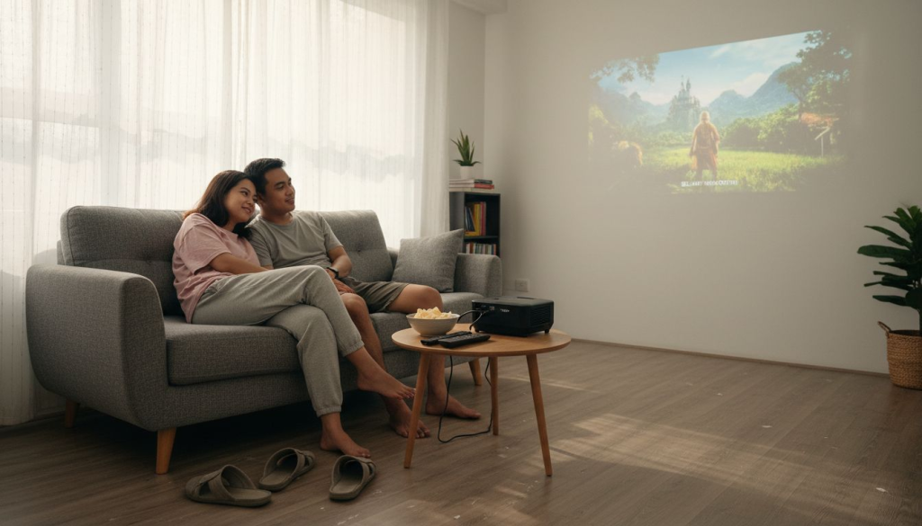 Sepasang suami isteri sedang menikmati tayangan projektor bersama di ruang tamu yang kecil, menjadikan suasana lebih mesra dan santai.