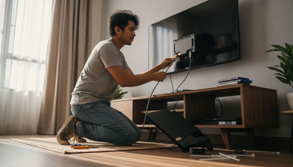 Seorang lelaki sedang menyambungkan kabel HDMI ke televisyen dalam suasana persediaan rumah.