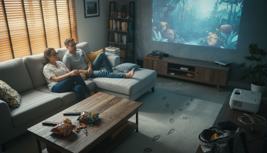 Couple watching 3D movie with Epson projector