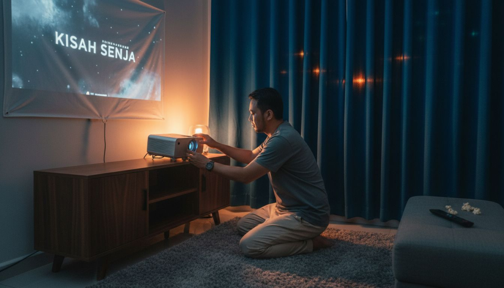 Seorang lelaki sedang memasang projektor di ruang tamu yang nyaman pada waktu malam, bersedia untuk menikmati suasana santai bersama keluarga.