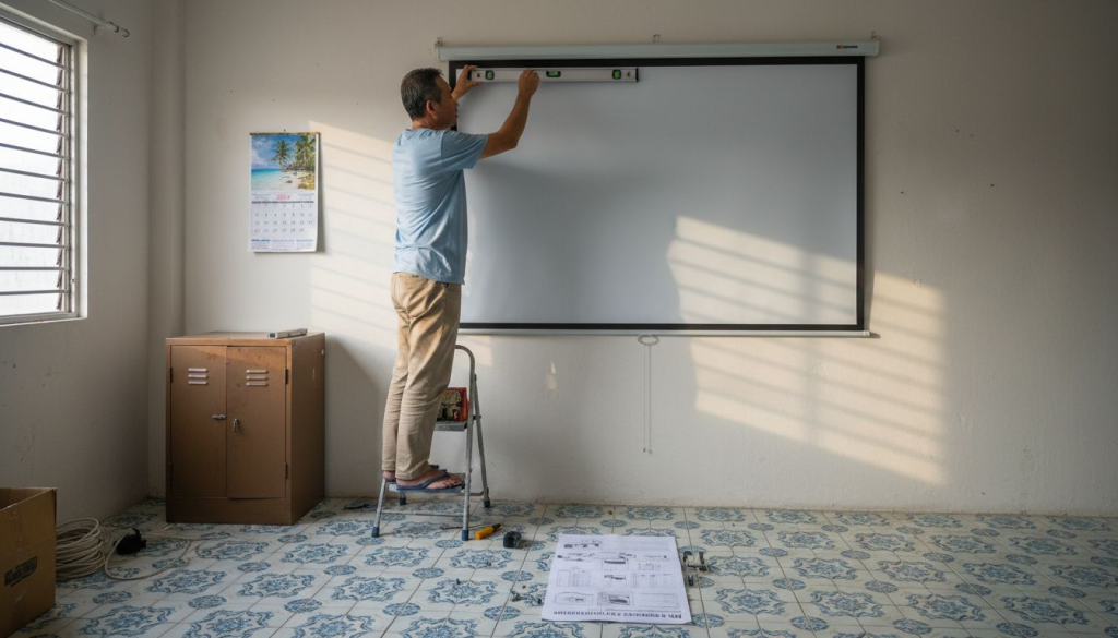 Man installing projector screen in Malaysian home
