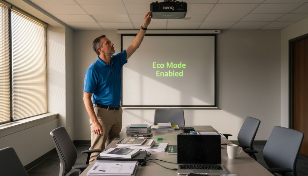 IT manager adjusting BenQ projector eco mode