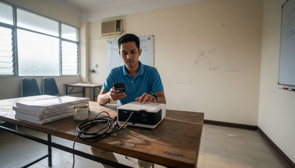 Juruteknik sedang sambungkan bluetooth ke projektor.