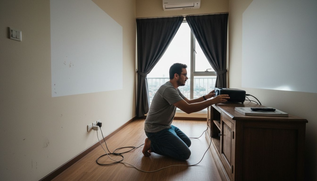 Seorang lelaki sedang mengatur projektor di ruang tamu pada waktu malam.