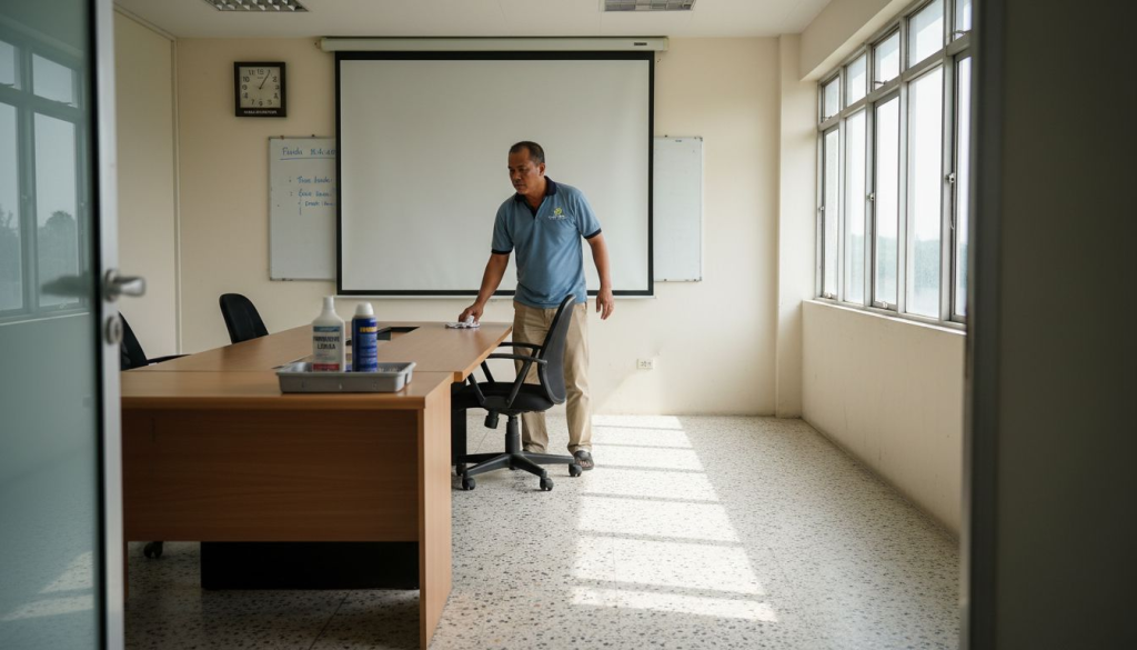 Seorang juruteknik sedang membersihkan skrin projektor di pejabat yang terang disinari cahaya matahari.