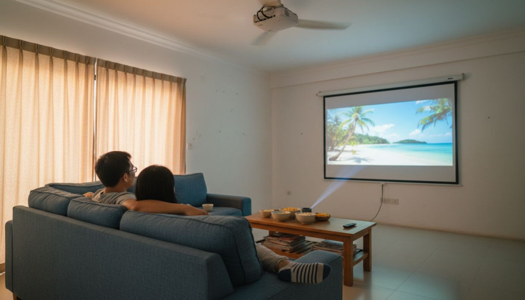 Couple watching ceiling-mounted projector in Malaysia living room