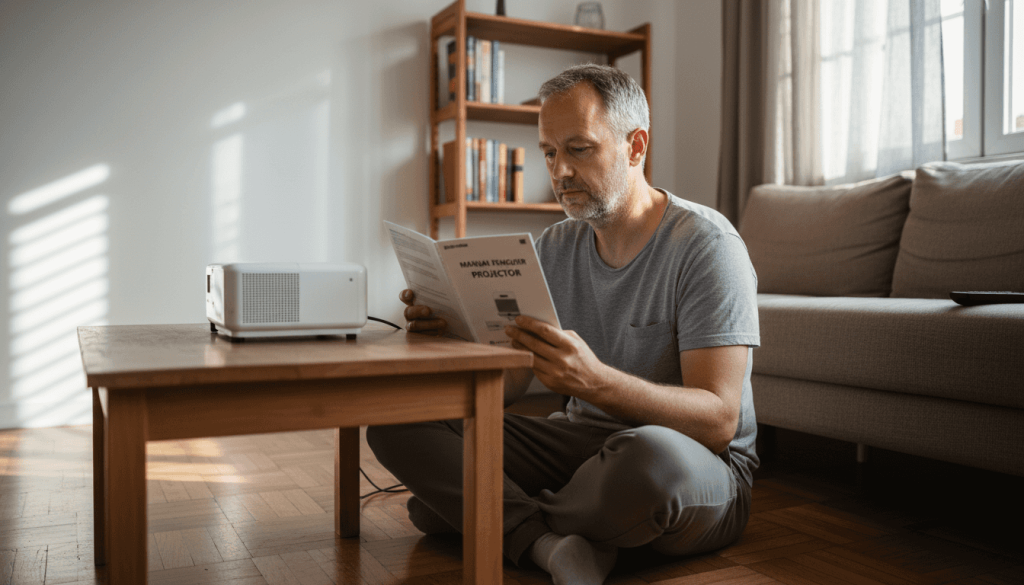 Seorang lelaki sedang membuat pilihan lampu projektor untuk rumah apartmennya.
