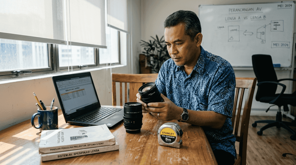 Seorang lelaki sedang meneliti dan membandingkan beberapa lensa projektor di atas meja bilik mesyuarat.