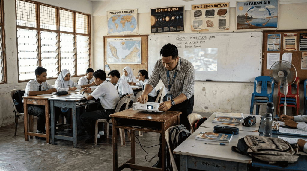 Cikgu memanfaatkan projektor untuk membantu sesi pengajaran dalam kelas.