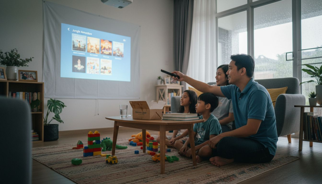 Malaysian family setting up home projector