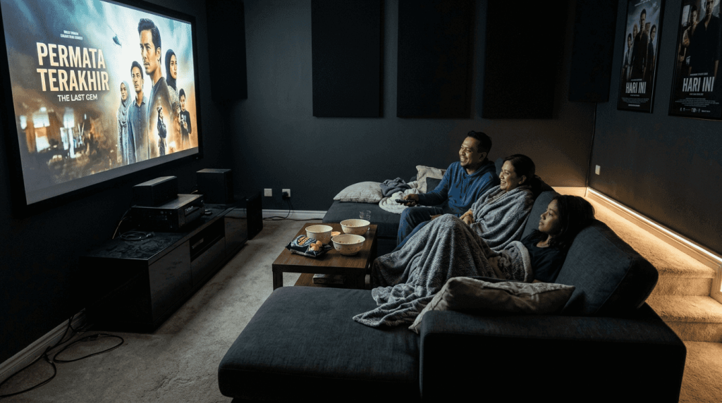 Sekeluarga bersantai bersama menonton filem di ruang bawah tanah rumah, menikmati masa berkualiti sambil bergelak ketawa dan berkongsi makanan ringan.