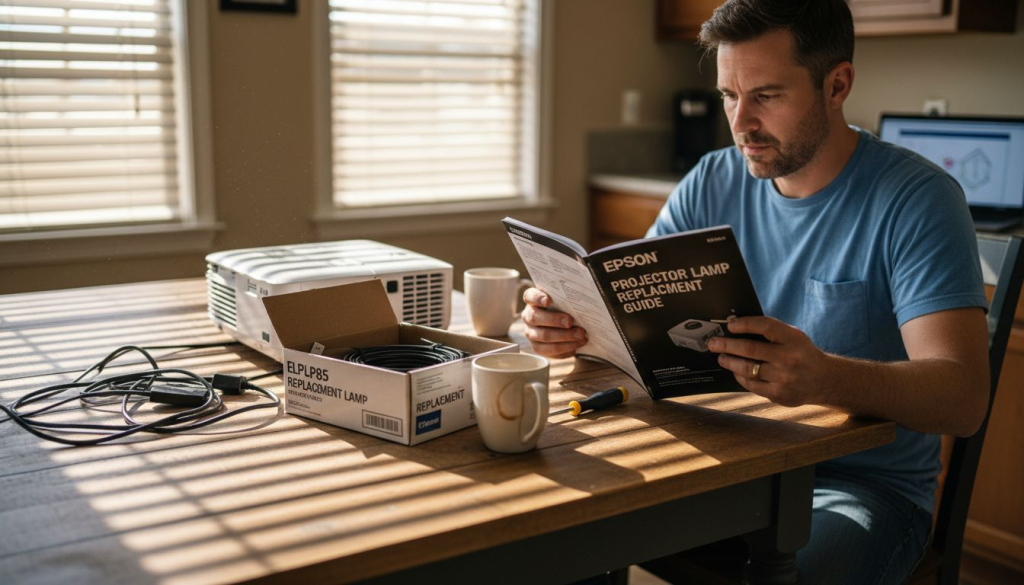Man preparing projector lamp replacement at desk
