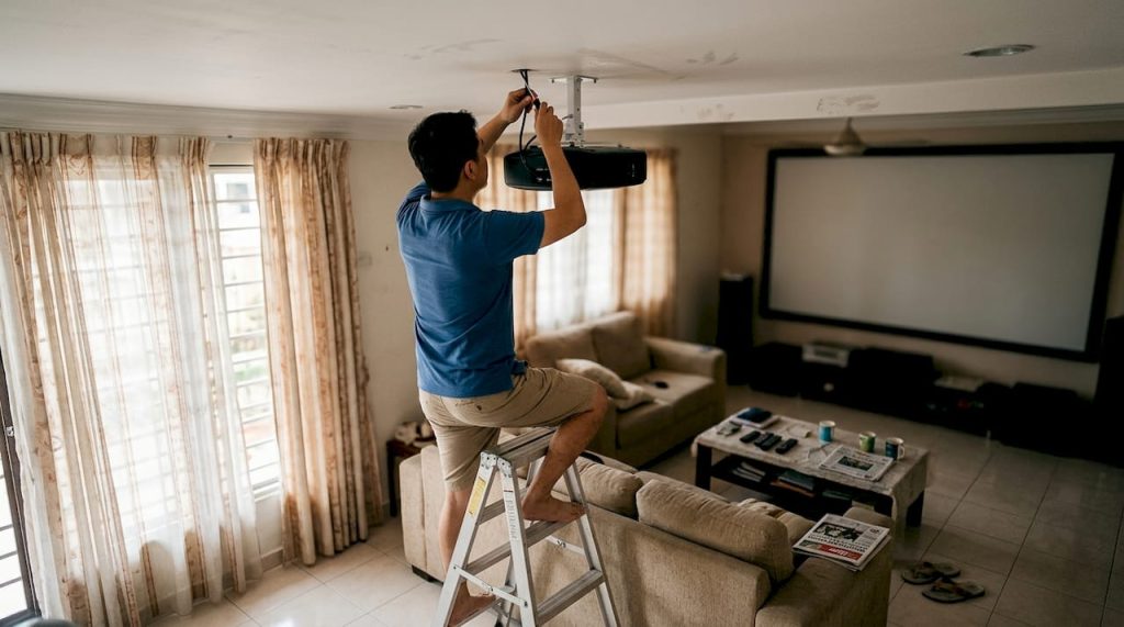 Person installing projector ceiling mount in living room