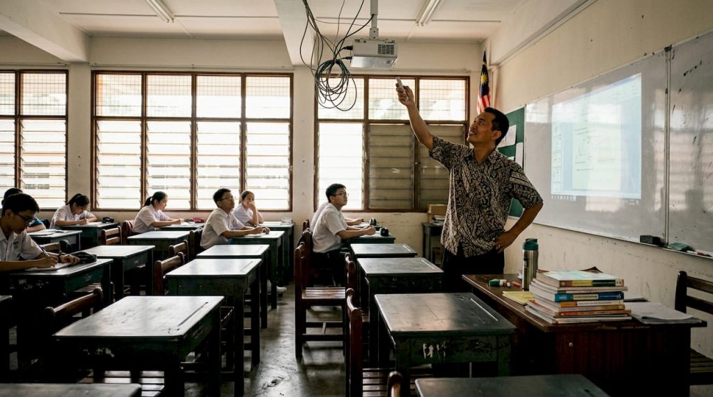 Teacher using long throw projector in classroom