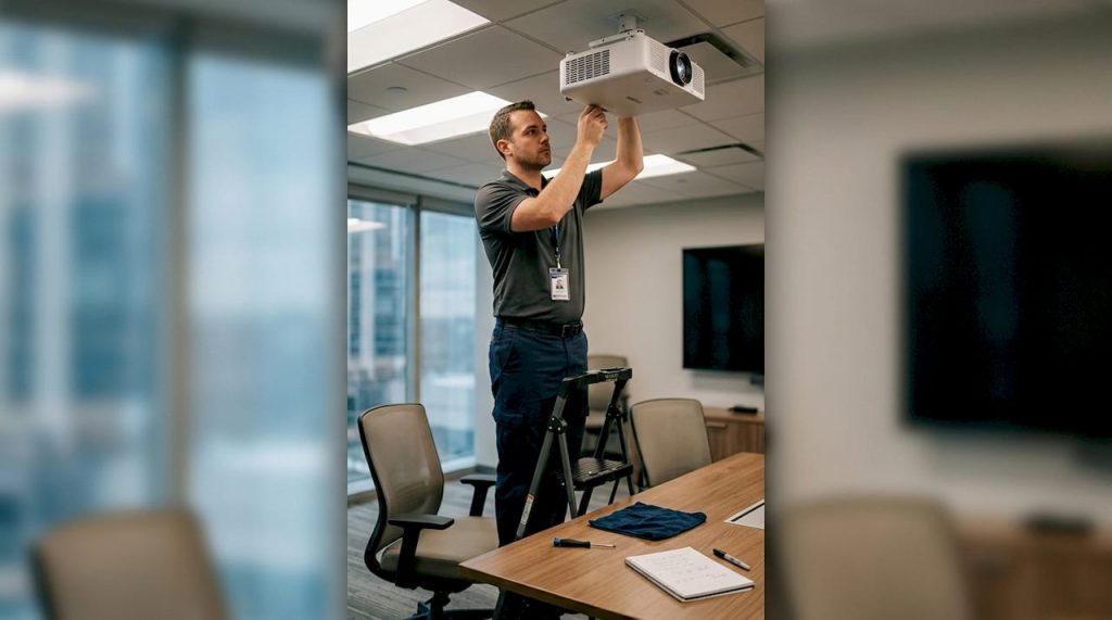 Technician maintaining ceiling-mounted projector in meeting room