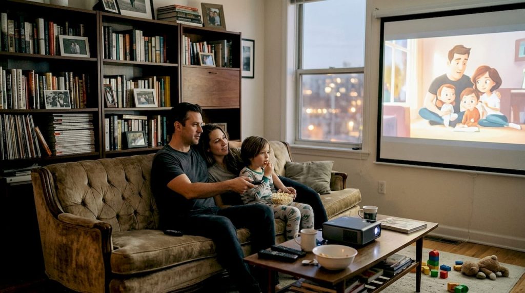 Family watching movie with projector