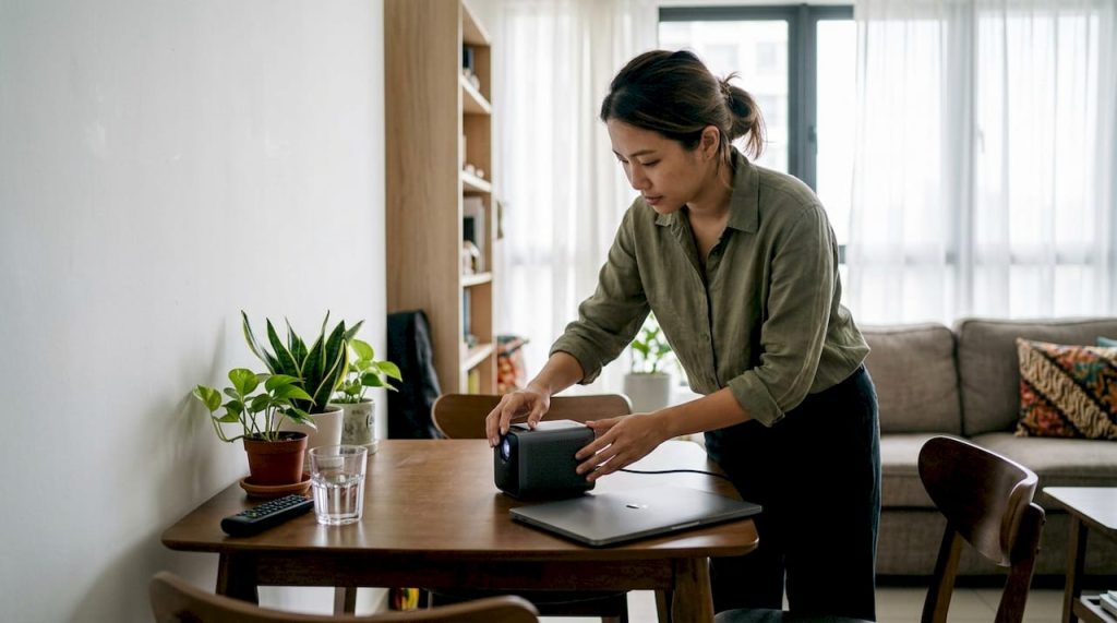 Professional setting up portable projector in apartment