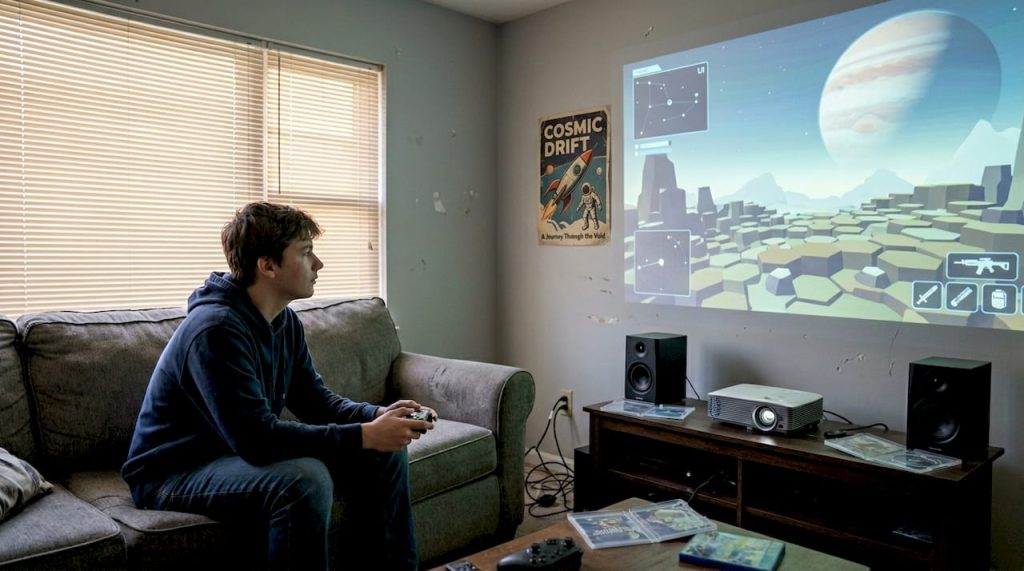 Teenager gaming on large projector screen