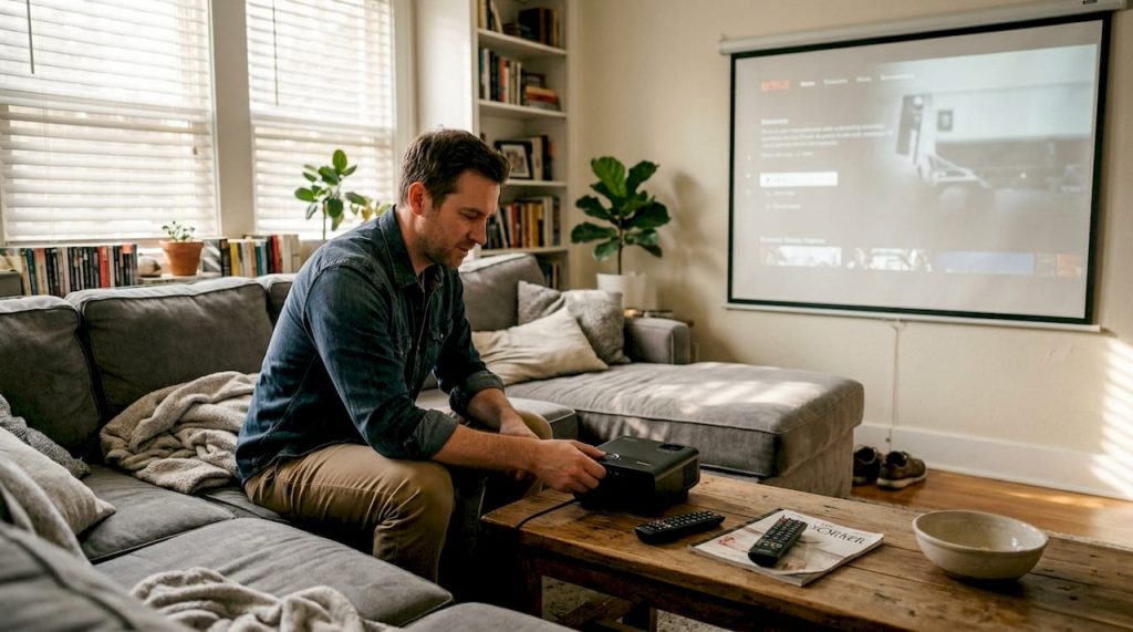 Man adjusting projector in everyday living room